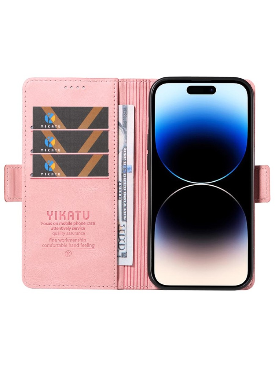 Калъф от еко кожа тип портмоне за Apple iPhone 14 Pro - розов
