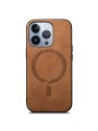 Предпазен гръб от еко кожа съвместим с MagSafe за Apple iPhone 14 Pro Max - кафяв