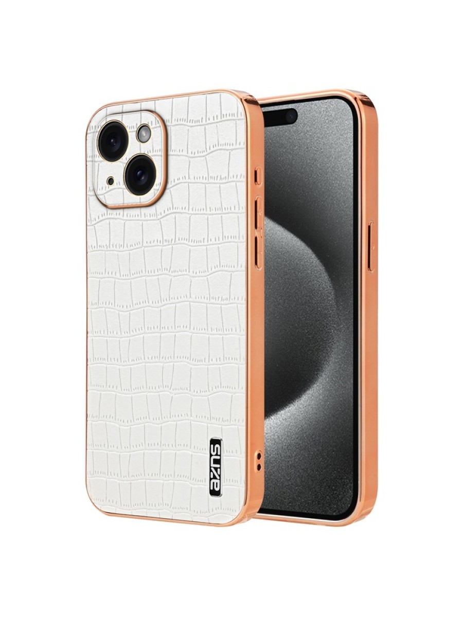 Предпазен гръб от еко кожа с крокодилски шарки за Apple iPhone 15 Plus - бял