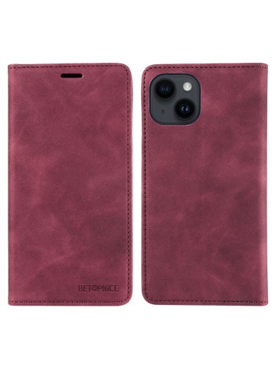 Калъф от еко кожа тип портмоне за Apple iPhone 15 Plus - червен