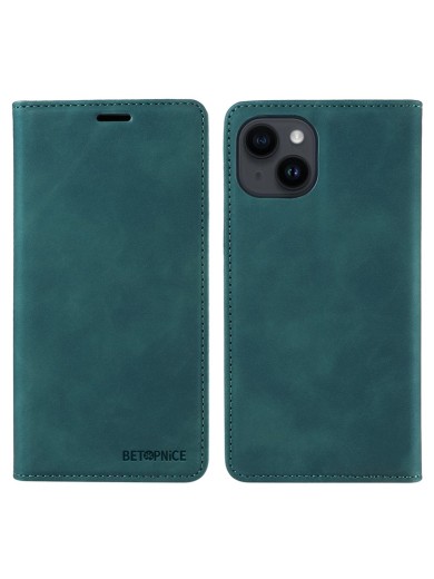 Калъф от еко кожа тип портмоне за Apple iPhone 15 Plus - зелен