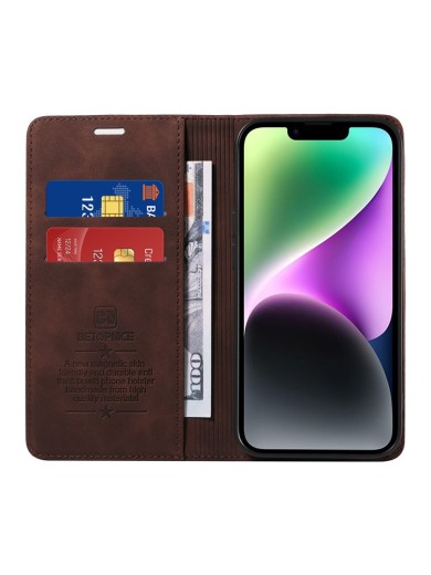 Калъф от еко кожа тип портмоне за Apple iPhone 15 Plus - кафяв