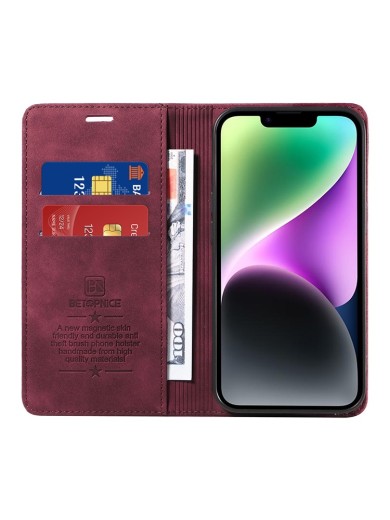Калъф от еко кожа тип портмоне за Apple iPhone 15 Plus - червен