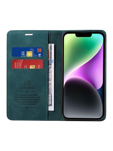 Калъф от еко кожа тип портмоне за Apple iPhone 15 Plus - зелен