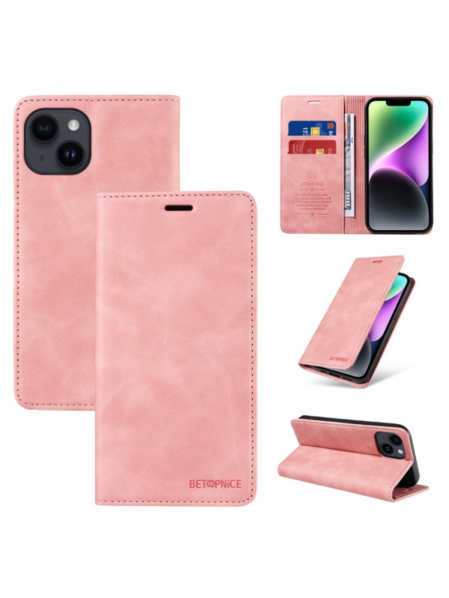 Калъф от еко кожа тип портмоне за Apple iPhone 15 Plus - розов