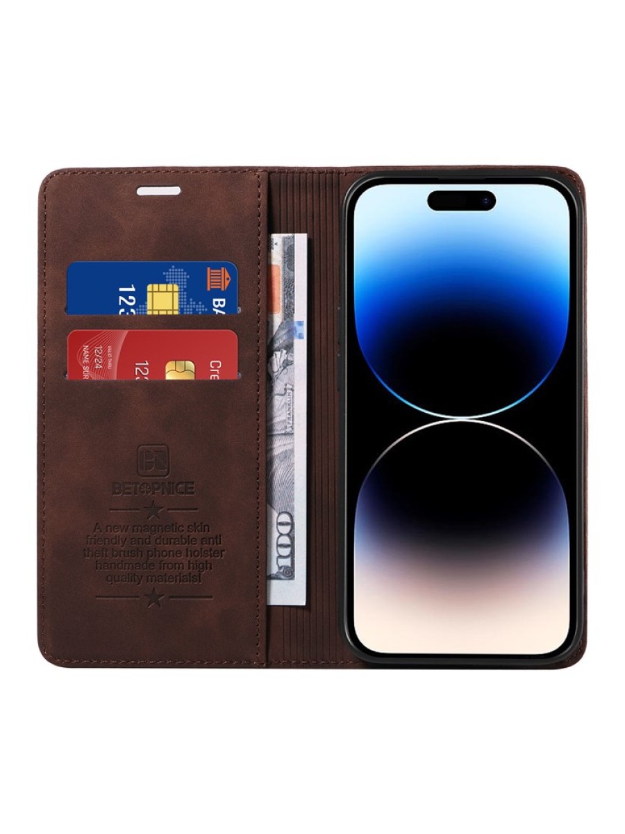 Калъф от еко кожа тип портмоне за Apple iPhone 15 Pro - кафяв