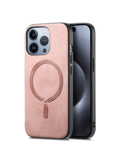 Предпазен гръб от еко кожа съвместим с MagSafe за Apple iPhone 15 Pro Max - розов