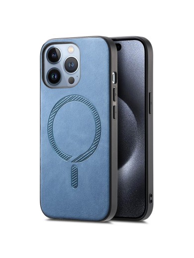 Предпазен гръб от еко кожа съвместим с MagSafe за Apple iPhone 15 Pro Max - син