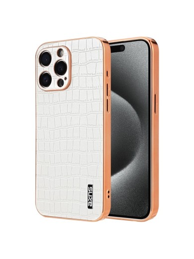 Предпазен гръб от еко кожа с крокодилски шарки за Apple iPhone 15 Pro Max - бял