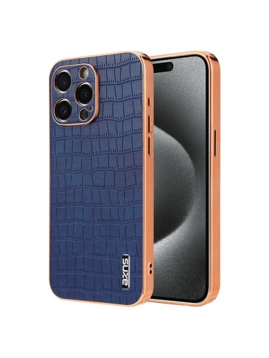 Предпазен гръб от еко кожа с крокодилски шарки за Apple iPhone 15 Pro Max - син