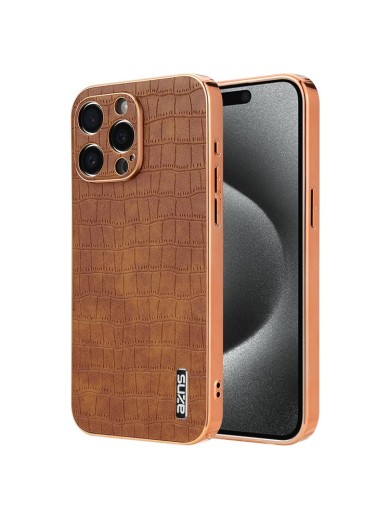 Предпазен гръб от еко кожа с крокодилски шарки за Apple iPhone 15 Pro Max - кафяв