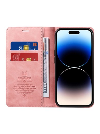 Калъф от еко кожа тип портмоне за Apple iPhone 15 Pro Max - розов