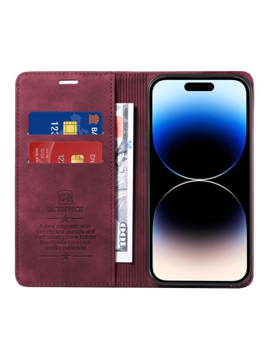 Калъф от еко кожа тип портмоне за Apple iPhone 15 Pro Max - червен