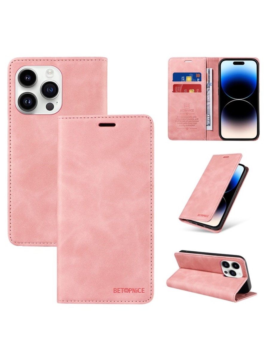 Калъф от еко кожа тип портмоне за Apple iPhone 15 Pro Max - розов