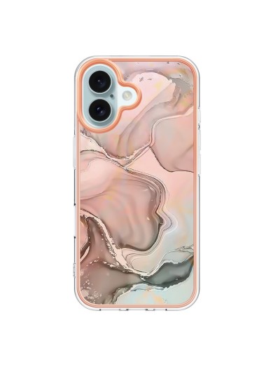 Предпазен удароустойчив гръб с мраморни шарки за Apple iPhone 16 - розов Предпазен удароустойчив гръб с мраморни шарки за Apple iPhone 16 - розов