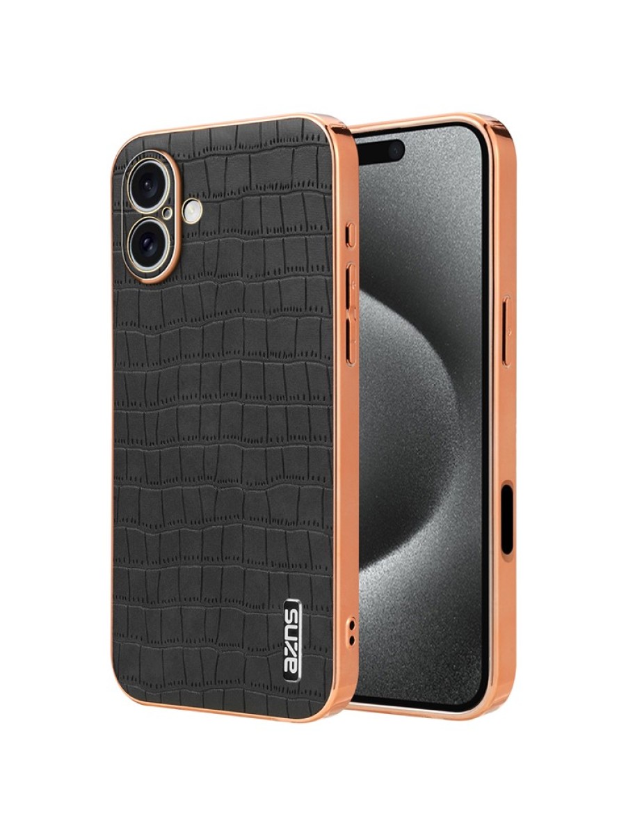 Предпазен гръб от еко кожа с крокодилски шарки за Apple iPhone 16 Plus - черен