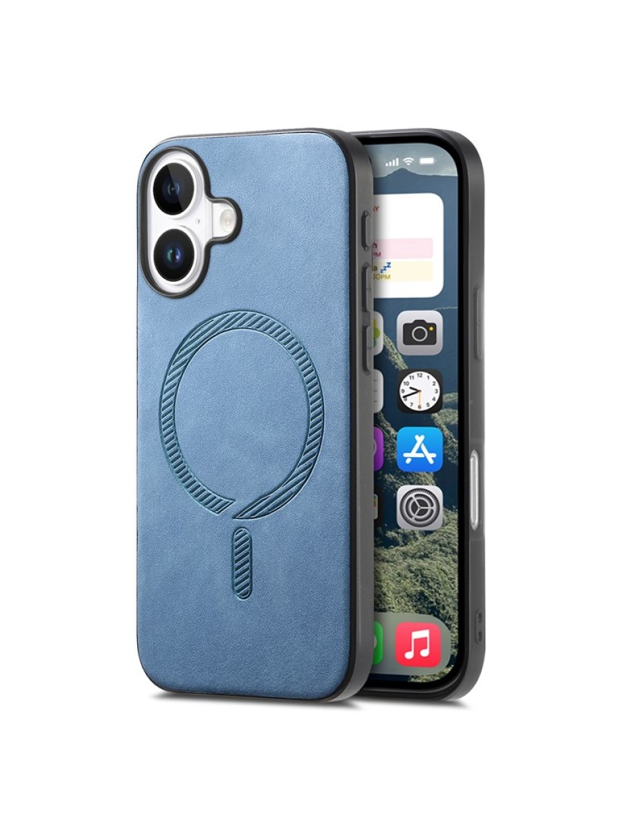 Предпазен гръб от еко кожа съвместим с MagSafe за Apple iPhone 16 Plus - син