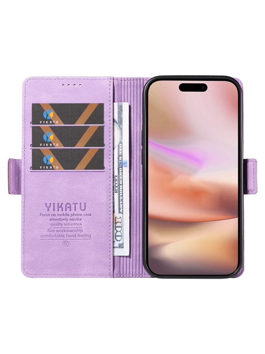 Калъф от еко кожа тип портмоне за Apple iPhone 16 Plus - лилав