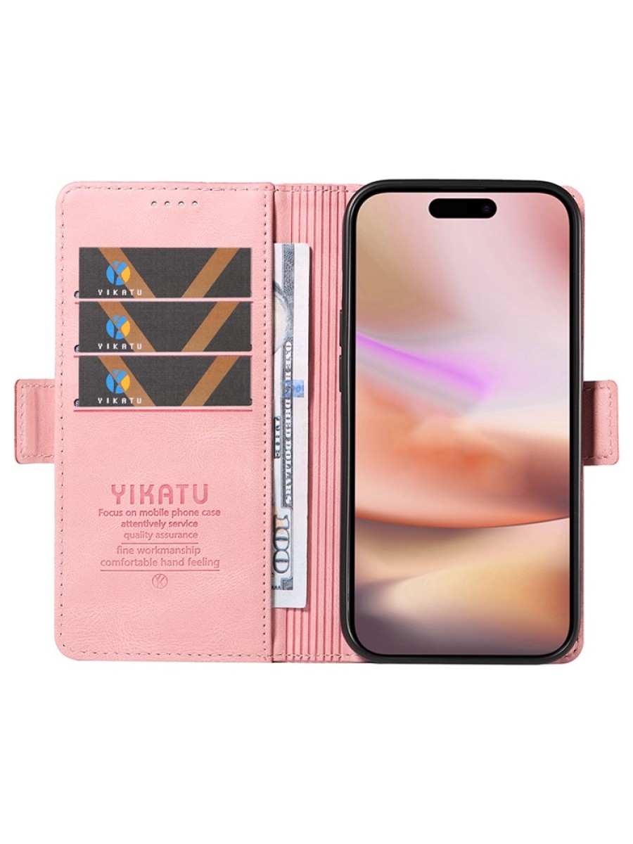 Калъф от еко кожа тип портмоне за Apple iPhone 16 Plus - розов