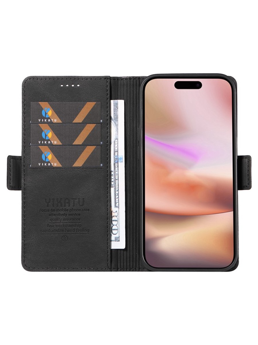 Калъф от еко кожа тип портмоне за Apple iPhone 16 Plus - черен