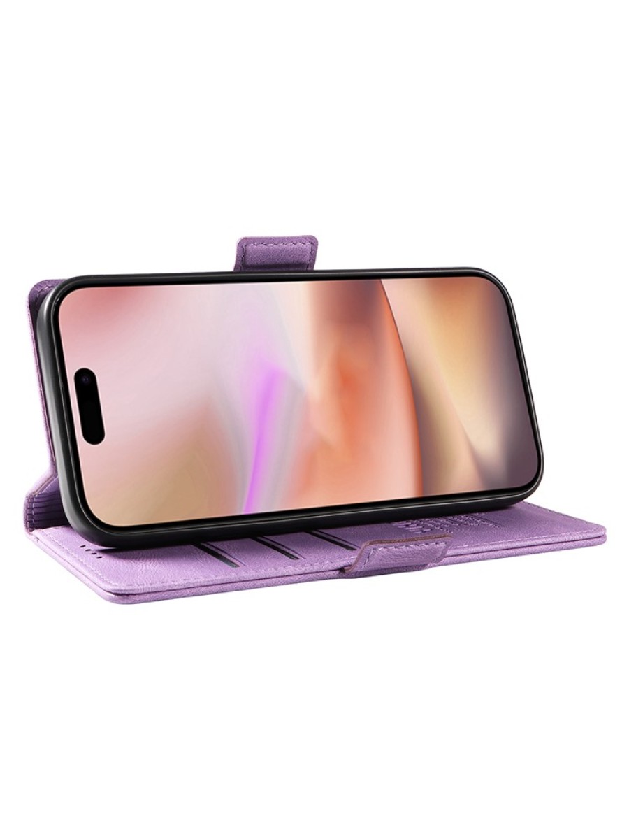 Калъф от еко кожа тип портмоне за Apple iPhone 16 Plus - лилав
