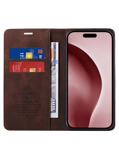 Калъф от еко кожа тип портмоне за Apple iPhone 16 Pro - кафяв