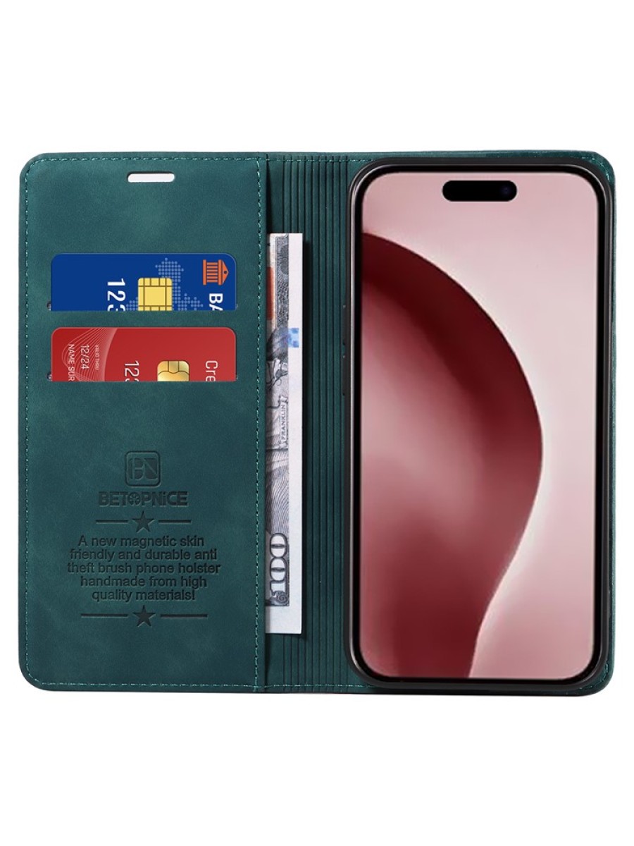 Калъф от еко кожа тип портмоне за Apple iPhone 16 Pro - зелен