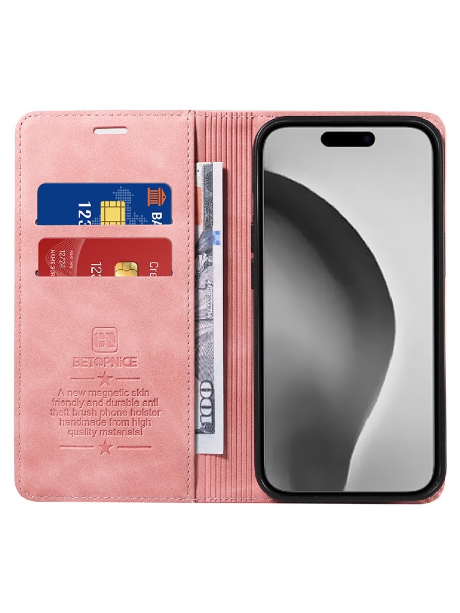 Калъф от еко кожа тип портмоне за Apple iPhone 16 Pro Max - розов