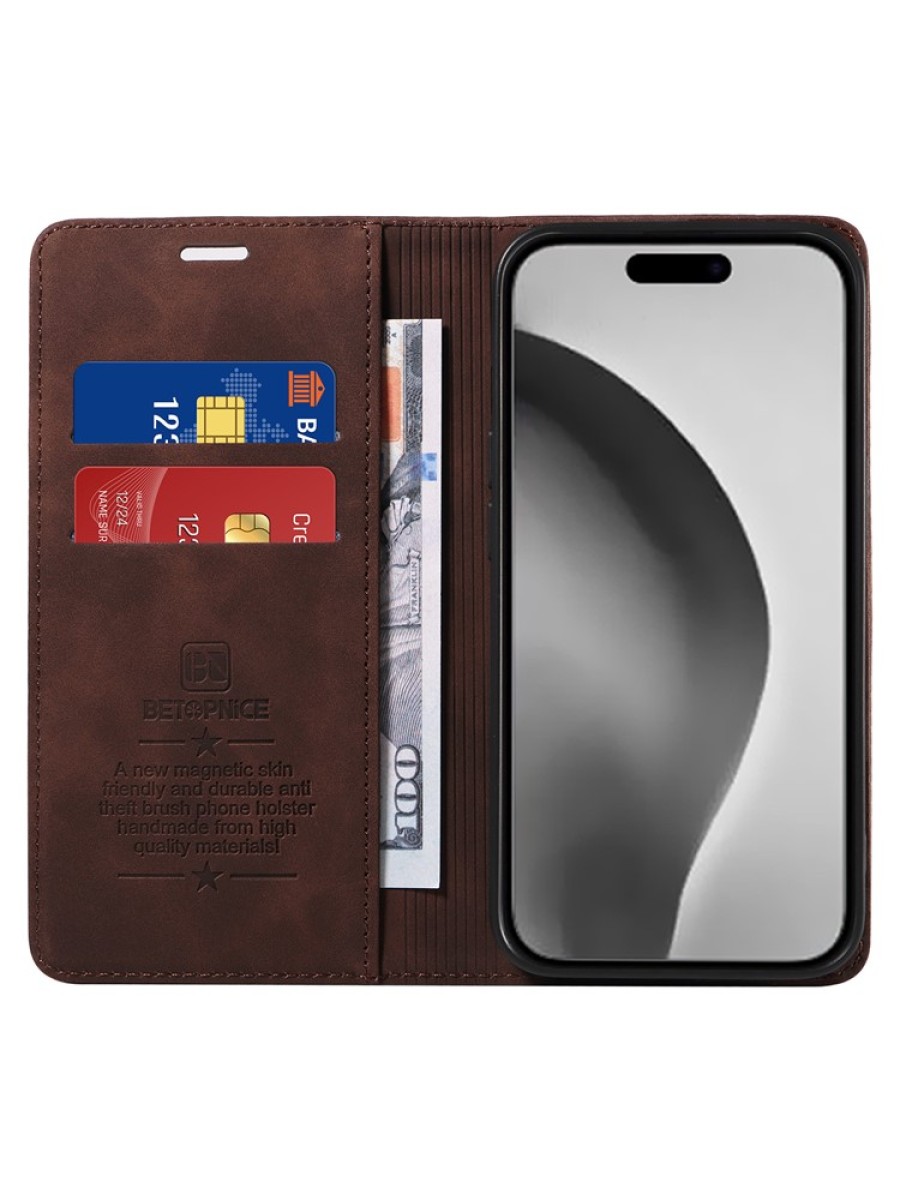 Калъф от еко кожа тип портмоне за Apple iPhone 16 Pro Max - кафяв