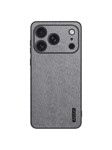 Удароустойчив гръб от еко кожа с дървесна текстура за Apple iPhone 17 Pro Max - сив