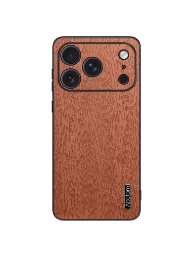 Удароустойчив гръб от еко кожа с дървесна текстура за Apple iPhone 17 Pro Max - кафяв