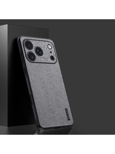 Удароустойчив гръб от еко кожа с дървесна текстура за Apple iPhone 17 Pro Max - сив