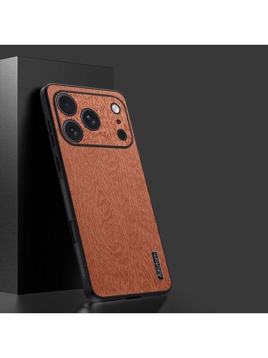 Удароустойчив гръб от еко кожа с дървесна текстура за Apple iPhone 17 Pro Max - кафяв