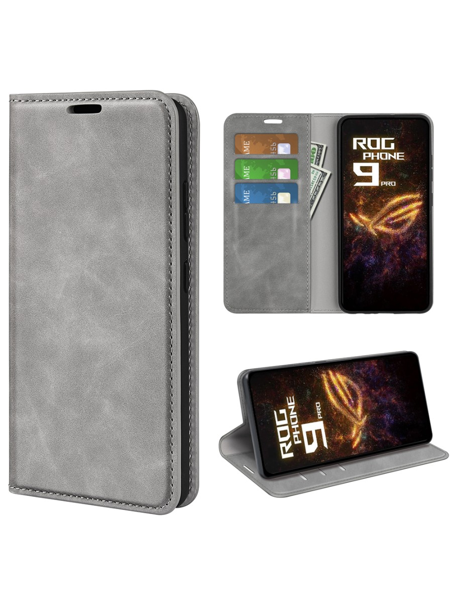 Калъф от еко кожа тип портмоне за Asus ROG Phone 9 Pro - сив