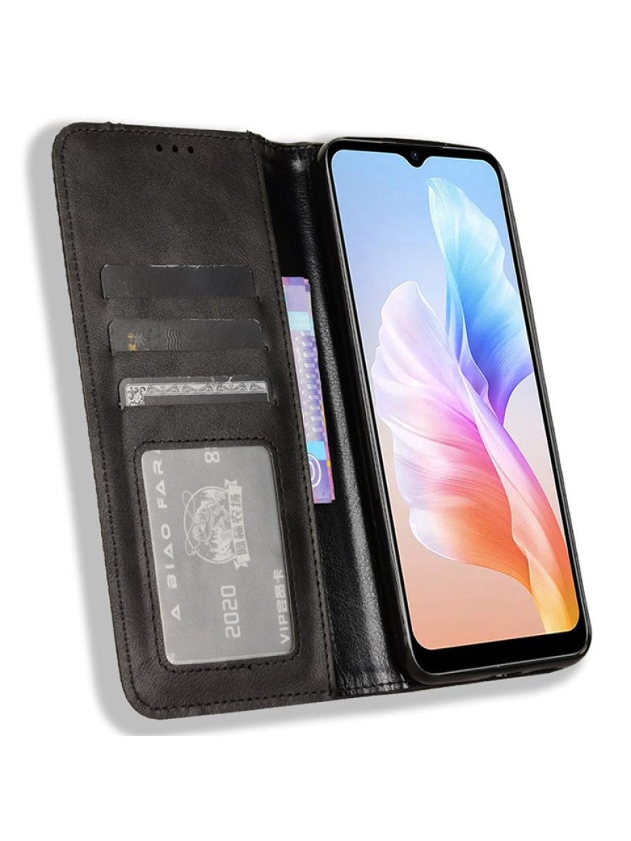 Калъф от еко кожа с ретро текстура тип портмоне за Doogee X98 Pro - черен