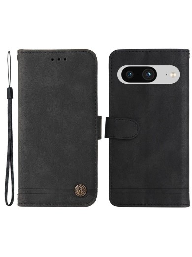 Калъф от еко кожа тип портмоне с отпечатани линии за Google Pixel 8 - черен