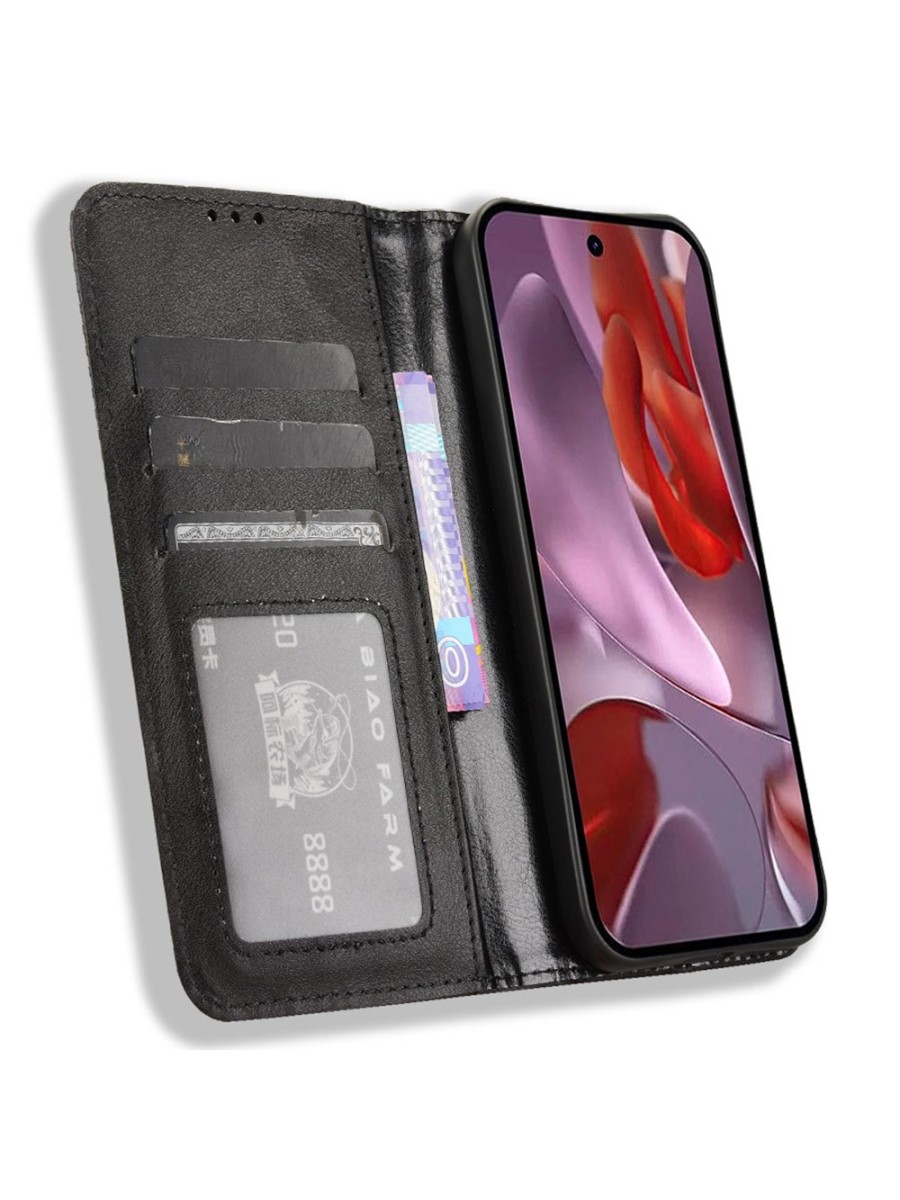 Калъф от еко кожа с ретро текстура тип портмоне за Google Pixel 9a - черен