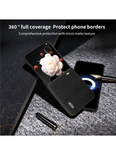 Предпазен гръб от естествена телешка кожа за Honor Magic V Flip 5G с черна рамка- черен
