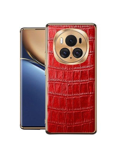 Предпазен гръб от естествена телешка кожа с крокодилски шарки за Honor Magic6 Pro - червен
