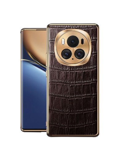 Предпазен гръб от естествена телешка кожа с крокодилски шарки за Honor Magic6 Pro - кафяв