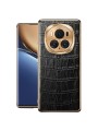 Предпазен гръб от естествена телешка кожа с крокодилски шарки за Honor Magic6 Pro - черен