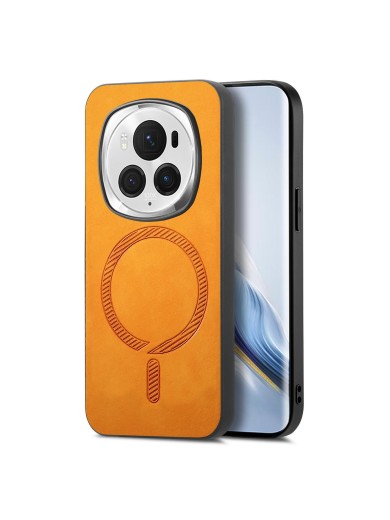Предпазен гръб от еко кожа, съвместим с MagSafe за Honor Magic6 Pro - жълт