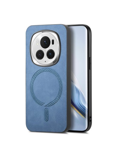 Предпазен гръб от еко кожа, съвместим с MagSafe за Honor Magic6 Pro - син