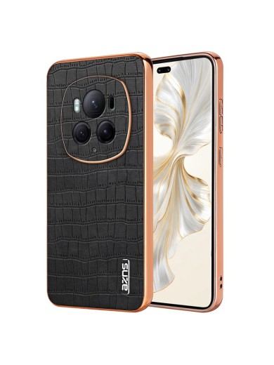 Предпазен гръб от еко кожа с крокодилски шарки за Honor Magic6 Pro - черен