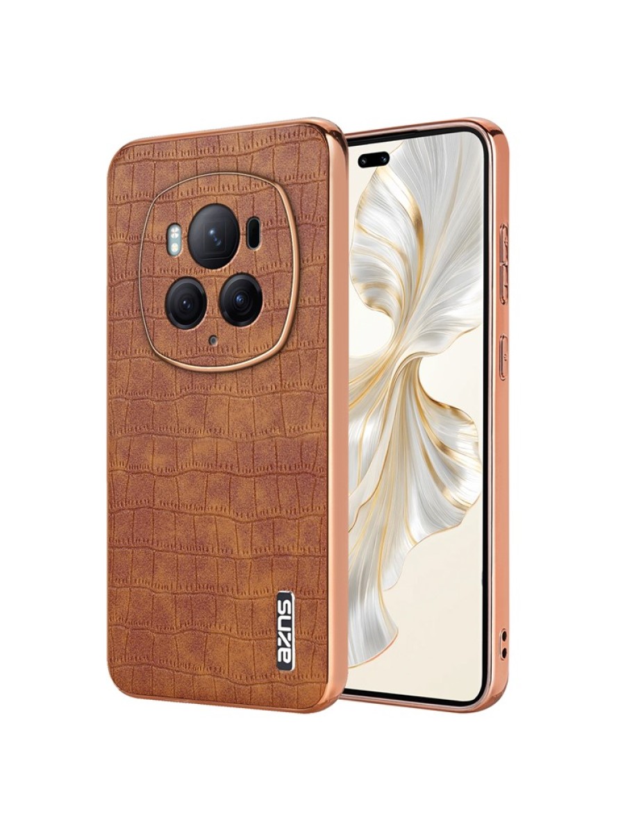 Предпазен гръб от еко кожа с крокодилски шарки за Honor Magic6 Pro - кафяв