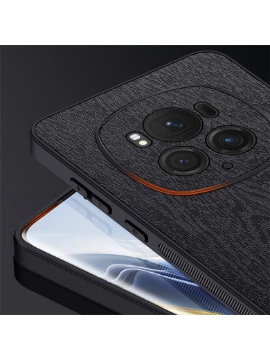 Удароустойчив гръб от еко кожа  с дървесна текстура за Honor Magic6 Pro - черен