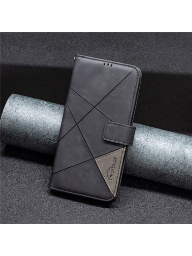 Калъф от еко кожа тип портмоне с геометрични линии за Honor Magic6 Pro - черен