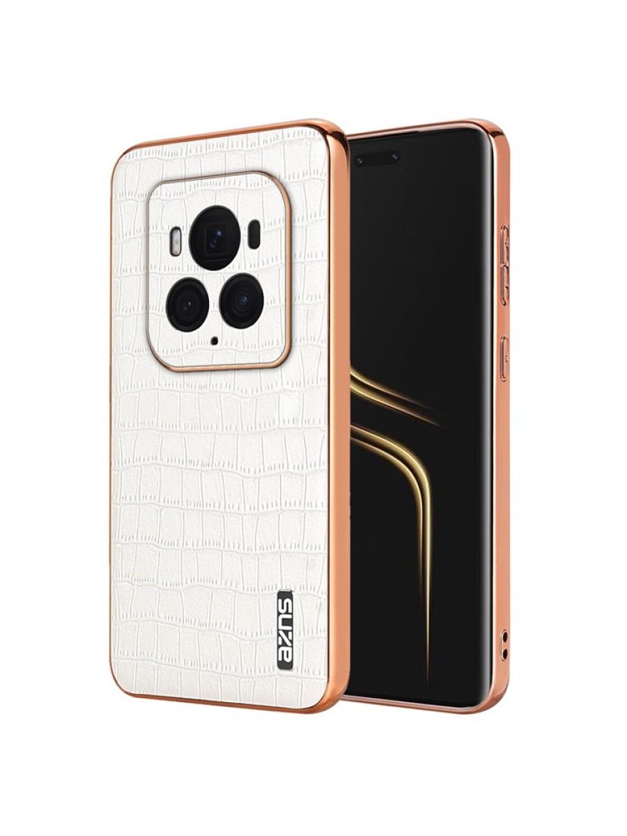 Предпазен гръб от еко кожа с крокодилски шарки за Honor Magic6 Ultimate - бял
