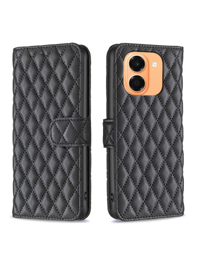 Калъф от еко кожа тип портмоне с ромбовидни шарки за Honor X6e - черен Калъф от еко кожа тип портмоне с ромбовидни шарки за Honor X6e - черен