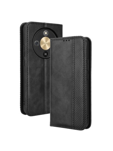 Калъф от еко кожа с ретро текстура тип портмоне за Honor X70 - черен